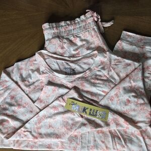 MUK LUKS Terry Rest/Reset Shirttail Top & Jogger Set Large Pink Marble Blur NWT